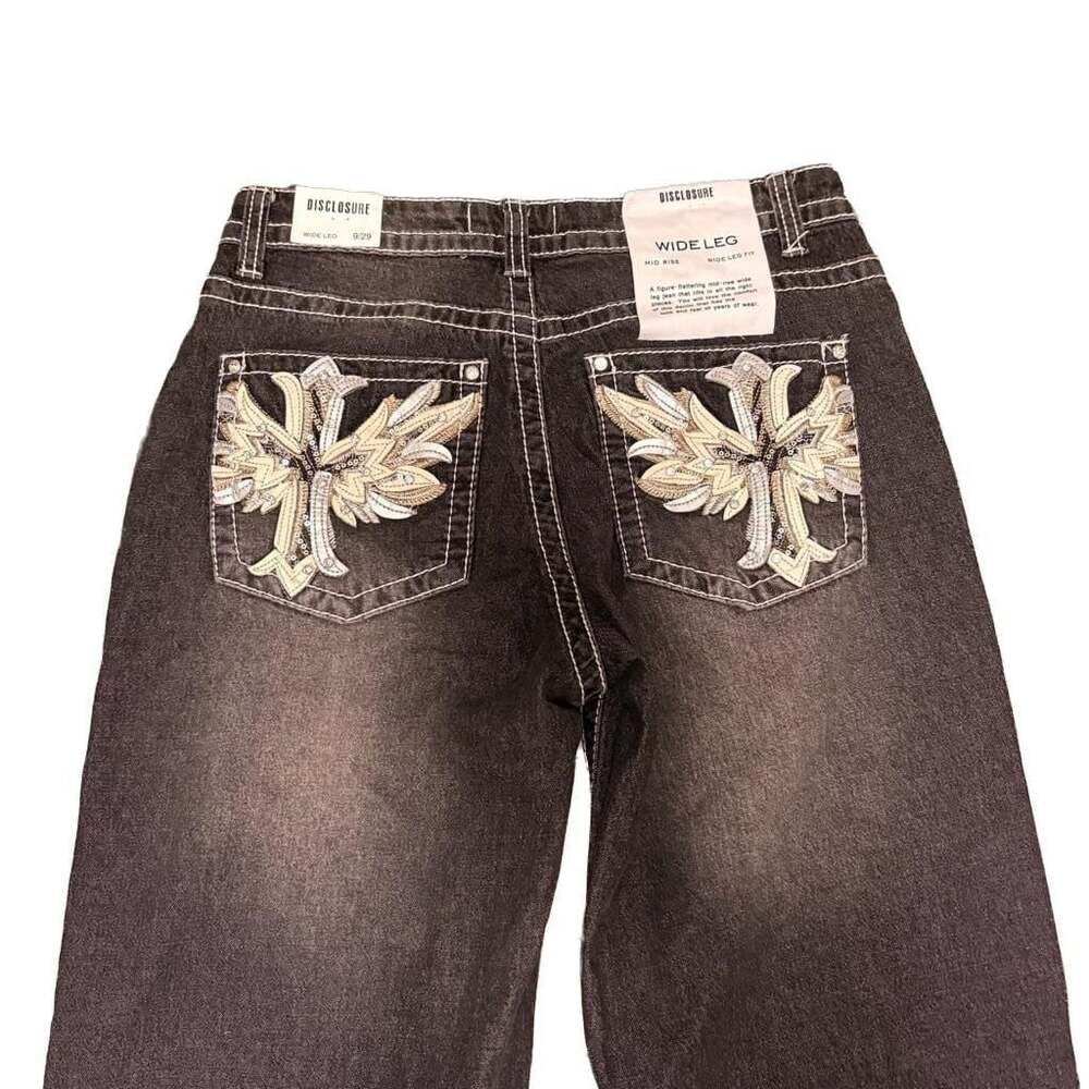 Y2K Goth Angel Wings Wide Leg Jeans Size 9/29 Embellished Back Pockets